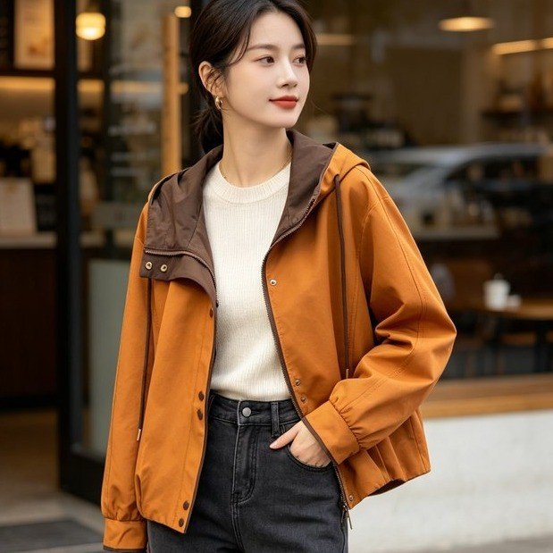 Hooded Jacket for Women — Olive Green, Brown Trim, Front Buttons - image 4