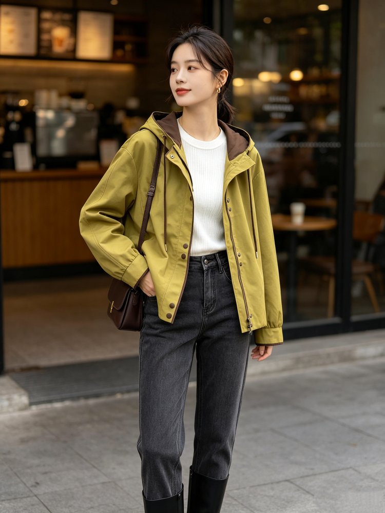 Hooded Jacket for Women — Olive Green, Brown Trim, Front Buttons - image 6