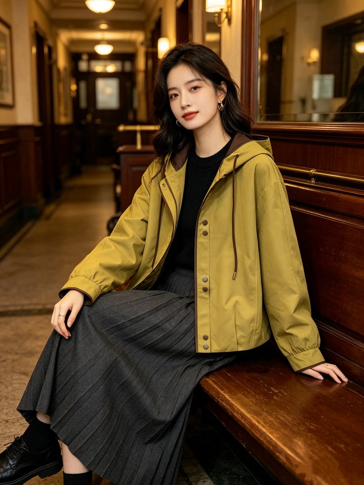 Hooded Jacket for Women — Olive Green, Brown Trim, Front Buttons - image 7