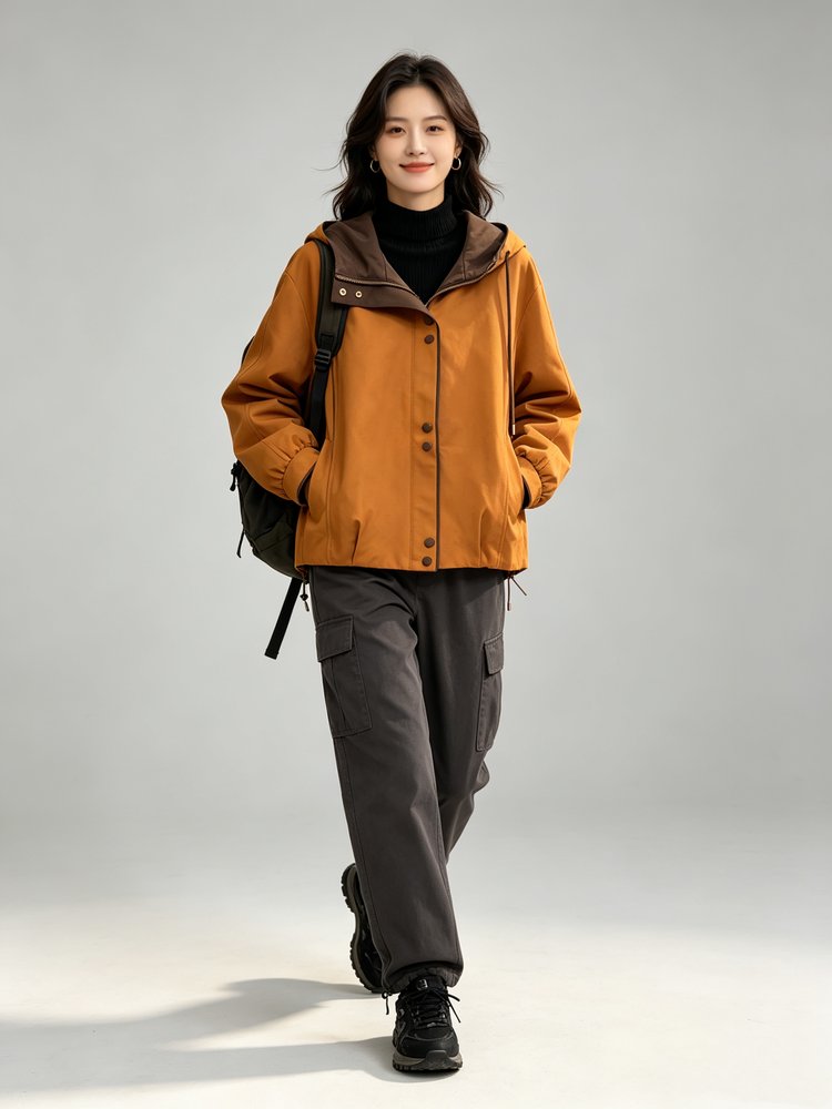 Hooded Jacket for Women — Olive Green, Brown Trim, Front Buttons - image 8