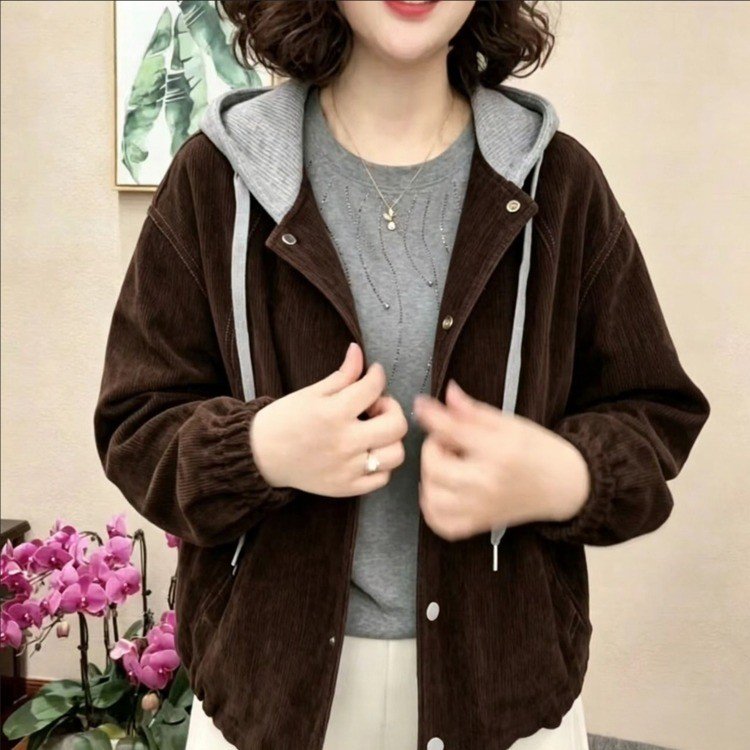Sherpa Fleece Hooded Jacket for Women — Brown, Grey-Lined Hood, Button Front - image 1