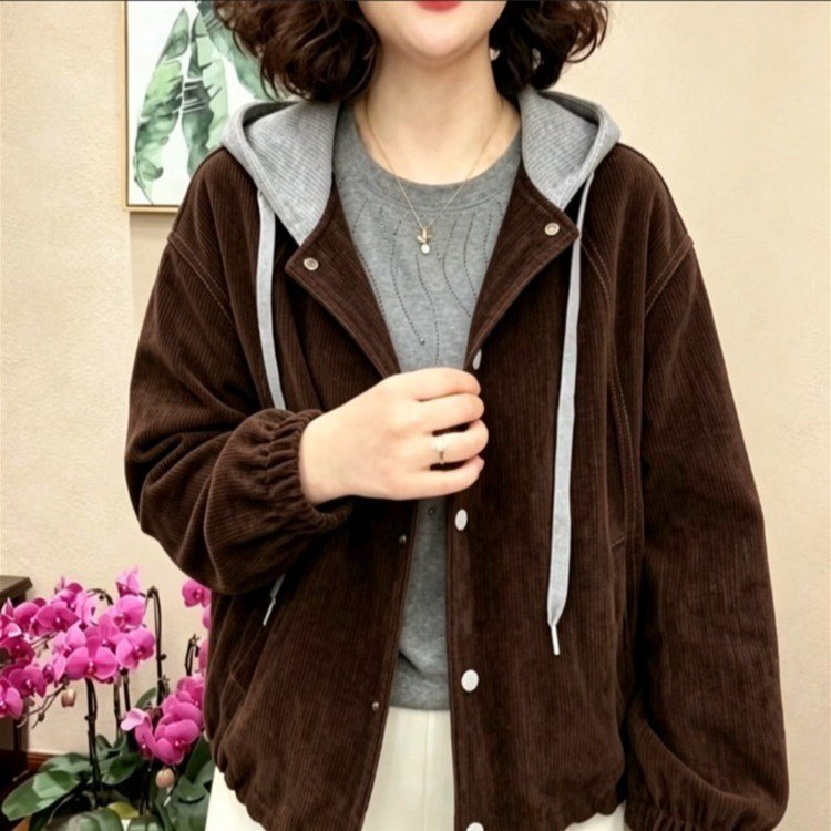 Sherpa Fleece Hooded Jacket for Women — Brown, Grey-Lined Hood, Button Front - image 2
