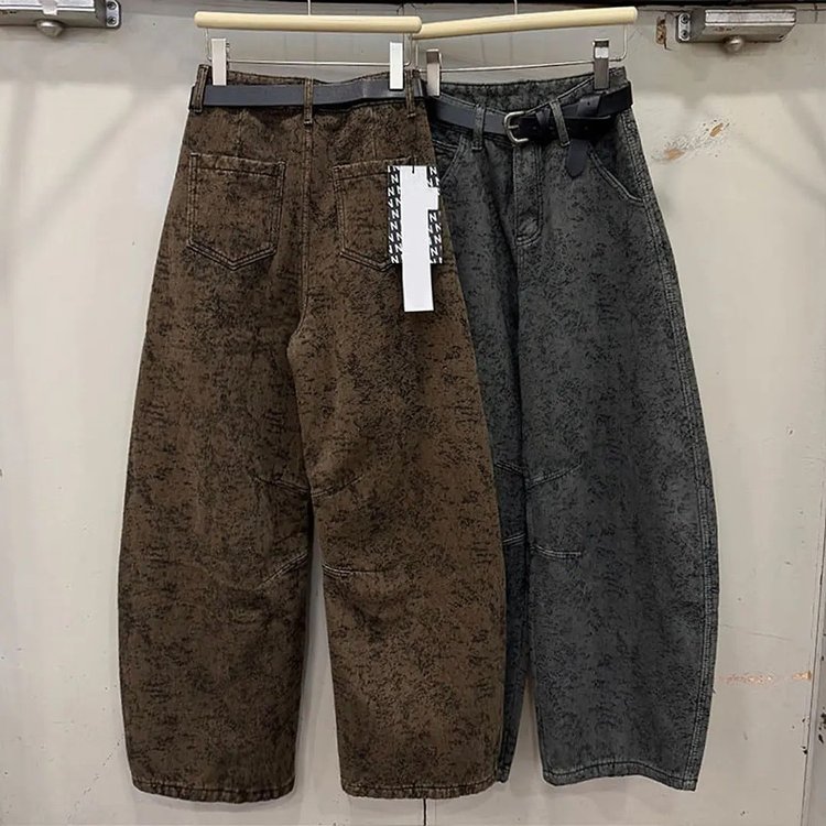 Wide-leg Trousers for Women — Olive Green, Dark Gray, Acid-wash Texture - image 2