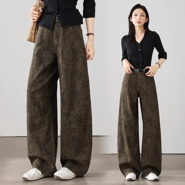 Wide-leg Trousers for Women — Olive Green, Dark Gray, Acid-wash Texture - image 8