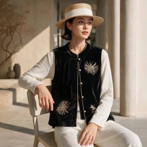 Velvet Vest for Women — Black, Gold Embroidery, Toggle Buttons - image 1