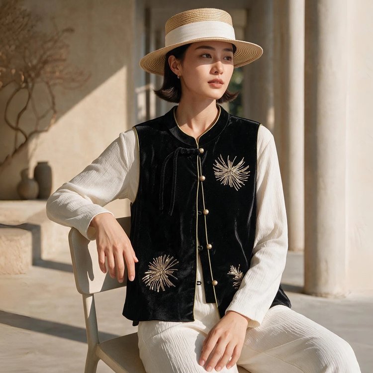 Velvet Vest for Women — Black, Gold Embroidery, Toggle Buttons - image 1