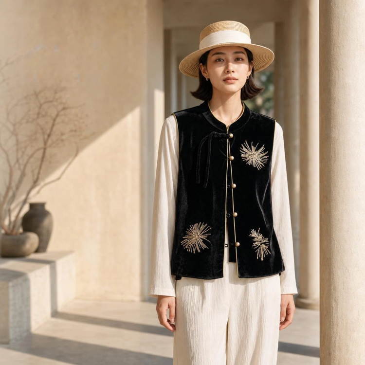 Velvet Vest for Women — Black, Gold Embroidery, Toggle Buttons - image 2