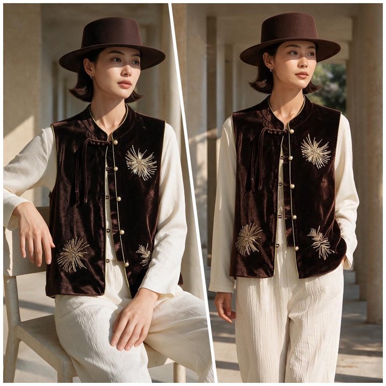Velvet Vest for Women — Black, Gold Embroidery, Toggle Buttons - image 4