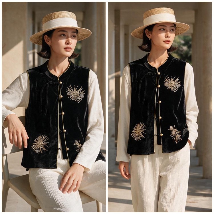 Velvet Vest for Women — Black, Gold Embroidery, Toggle Buttons - image 5