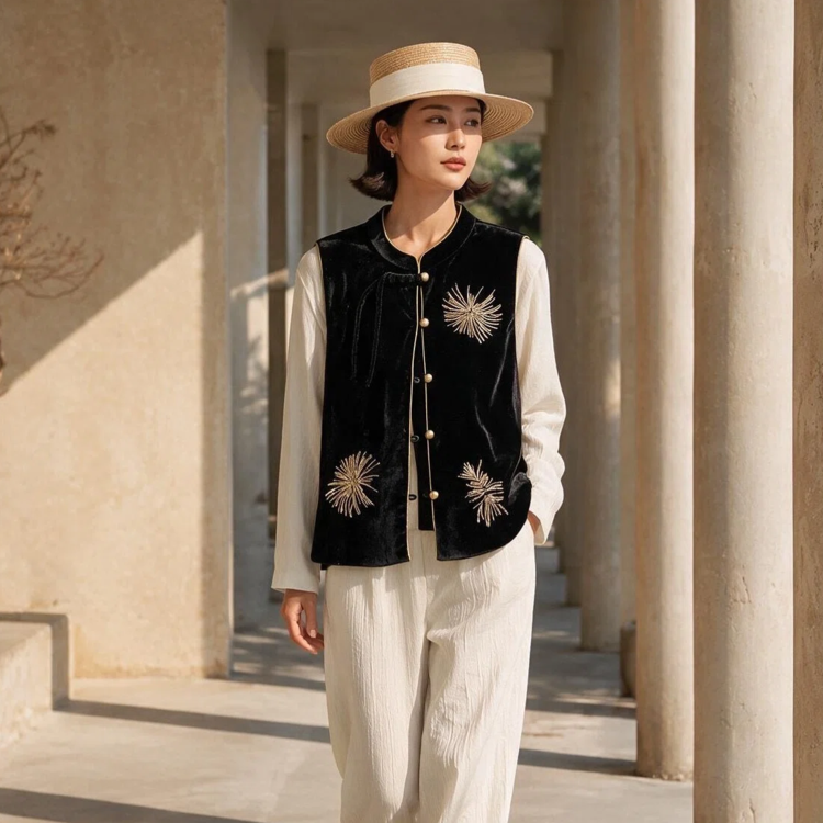 Velvet Vest for Women — Black, Gold Embroidery, Toggle Buttons - image 7