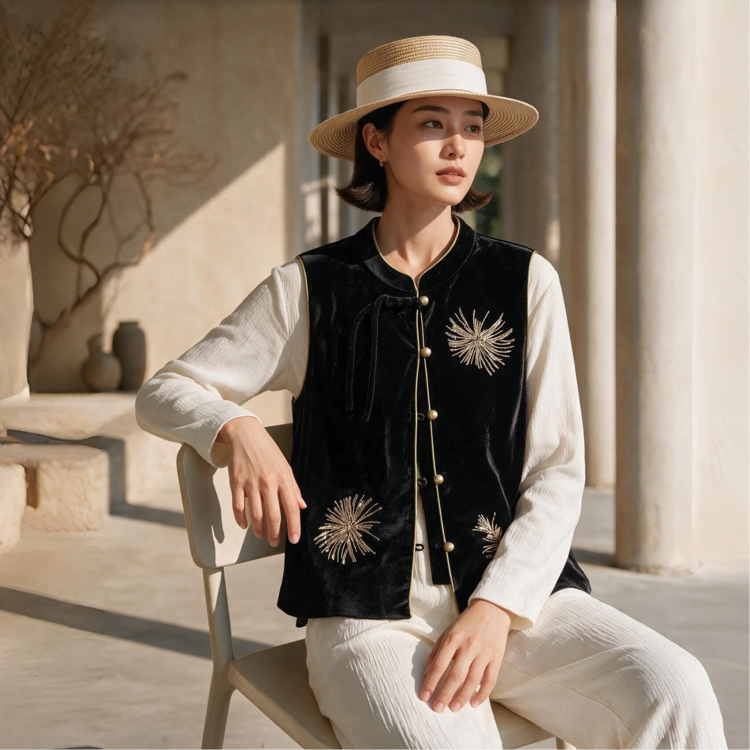 Velvet Vest for Women — Black, Gold Embroidery, Toggle Buttons - image 8
