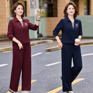 Polo Shirt & Wide-leg Trousers for Women — Burgundy, Navy, Embroidered Logo - image 1