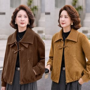 Corduroy Jacket for Women — Brown, Mustard, Button-front, Ribbed Collar - image 1