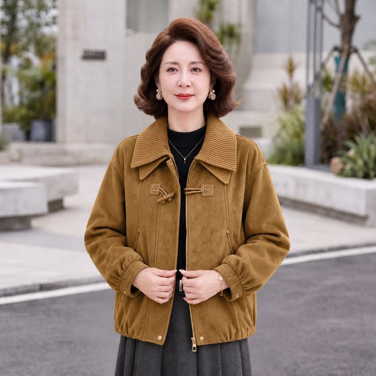 Corduroy Jacket for Women — Brown, Mustard, Button-front, Ribbed Collar - image 2