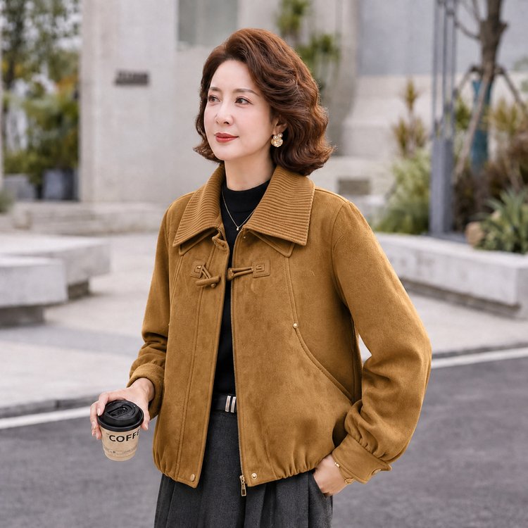 Corduroy Jacket for Women — Brown, Mustard, Button-front, Ribbed Collar - image 6