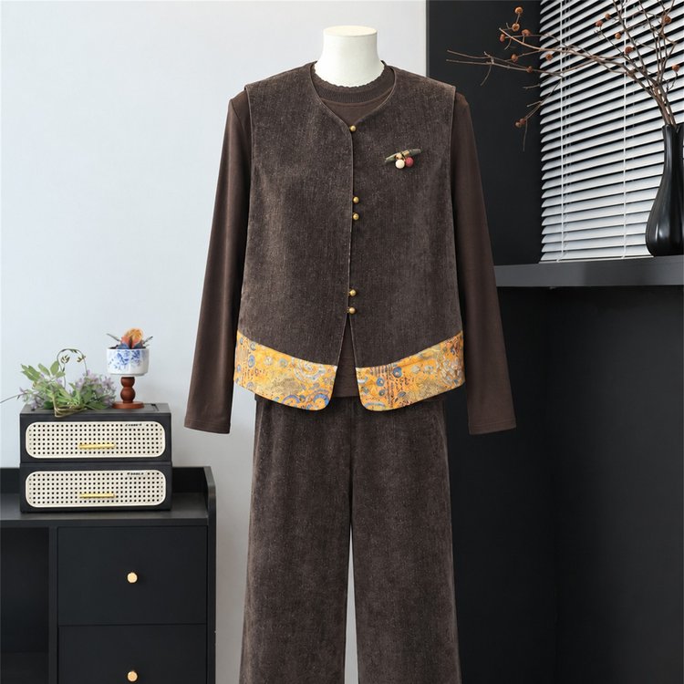 Knit Vest for Women — Dark Brown, Floral Hem, Front Buttons - image 4