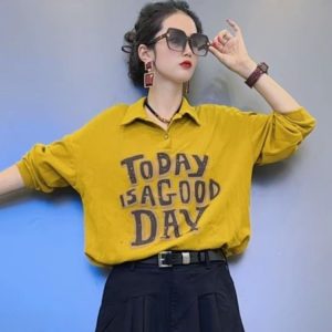 Women's Yellow Polo Shirt — Graphic Print, Oversized Fit, Polished Collar - image 1