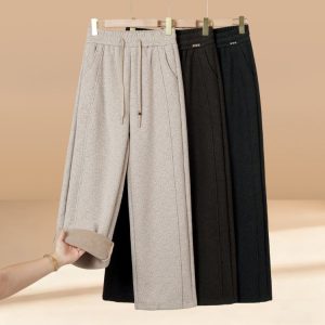 Wide-leg Trousers for Women — Beige, Dark Grey, Black, Elastic Waist, Pockets - image 1