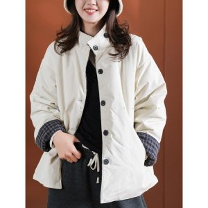 Women's Puffer Jacket — cream color, plaid cuffs, button front - image 1