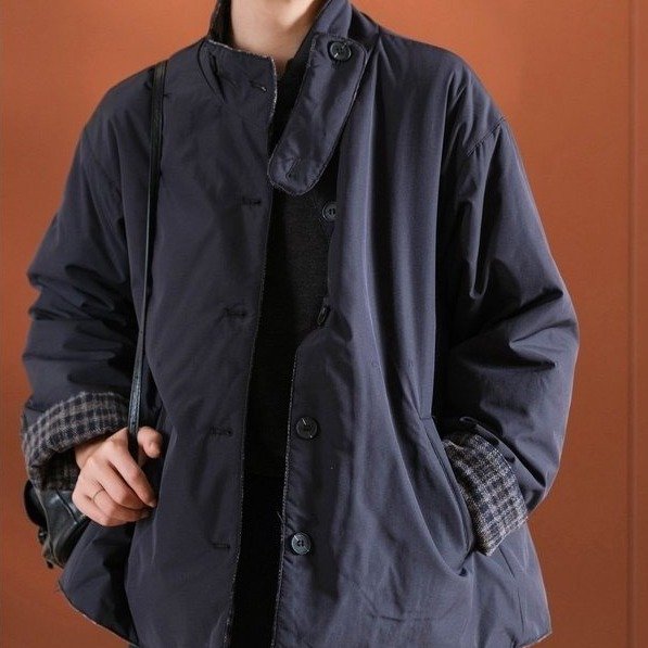 Women's Puffer Jacket — cream color, plaid cuffs, button front - image 2
