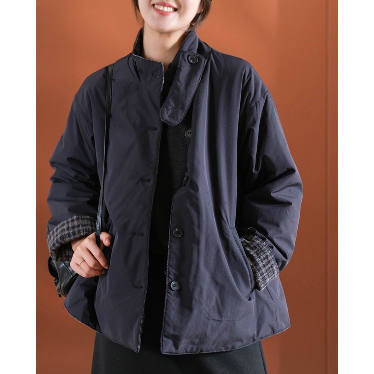 Women's Puffer Jacket — cream color, plaid cuffs, button front - image 4