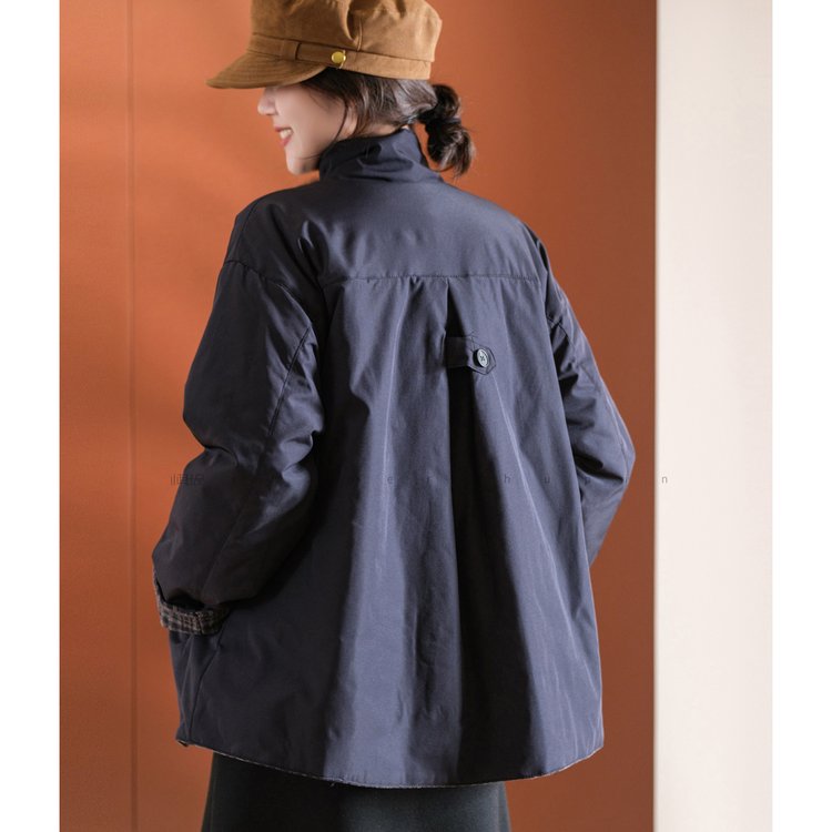 Women's Puffer Jacket — cream color, plaid cuffs, button front - image 5