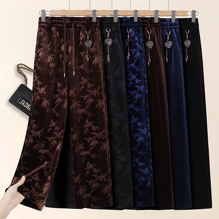 Wide-leg Trousers for Women — Brown, Navy, Bamboo Print, Drawstring Waist - image 2