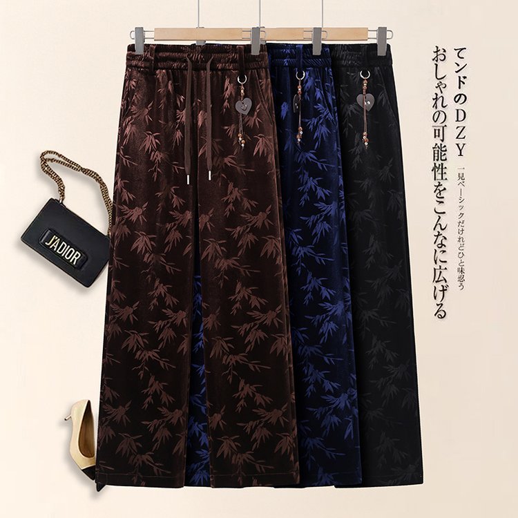 Wide-leg Trousers for Women — Brown, Navy, Bamboo Print, Drawstring Waist - image 3