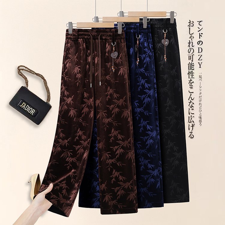 Wide-leg Trousers for Women — Brown, Navy, Bamboo Print, Drawstring Waist - image 4
