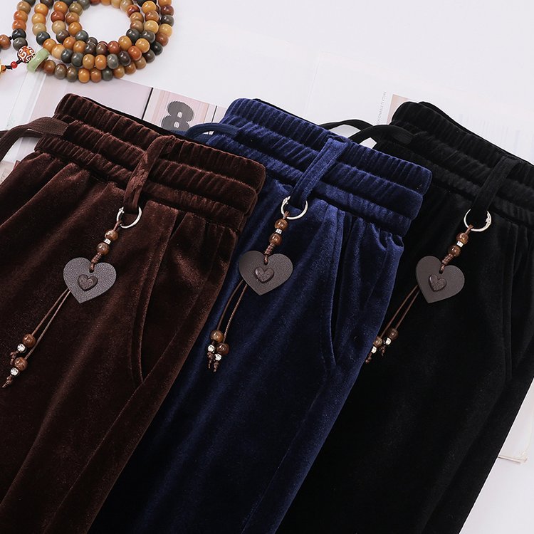 Wide-leg Trousers for Women — Brown, Navy, Bamboo Print, Drawstring Waist - image 5
