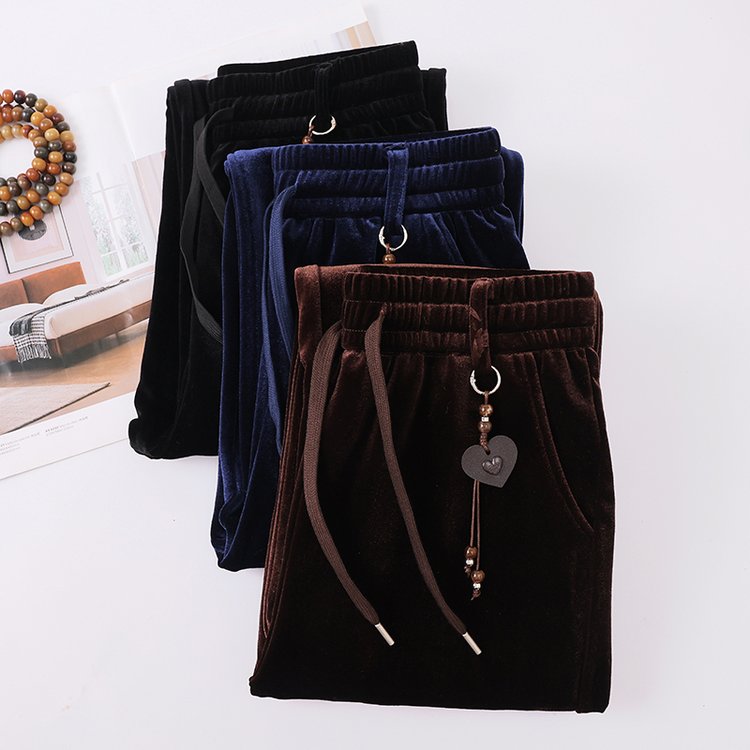 Wide-leg Trousers for Women — Brown, Navy, Bamboo Print, Drawstring Waist - image 6