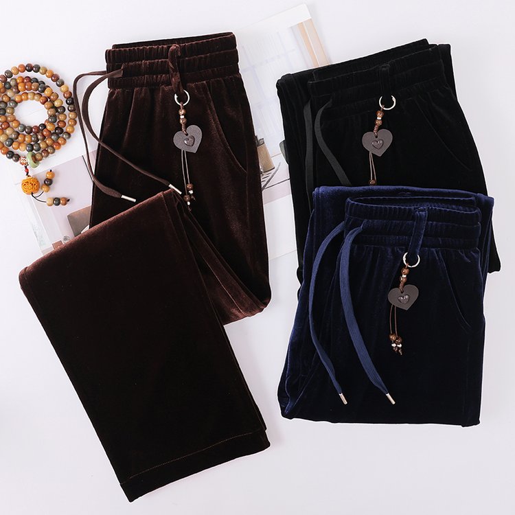 Wide-leg Trousers for Women — Brown, Navy, Bamboo Print, Drawstring Waist - image 7