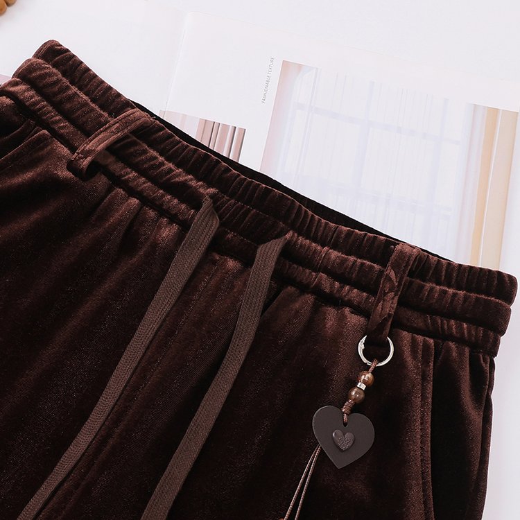 Wide-leg Trousers for Women — Brown, Navy, Bamboo Print, Drawstring Waist - image 8