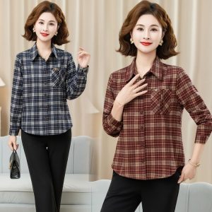 Plaid Shirt for Women — Navy/beige, Burgundy/beige, Chest Pocket - image 1