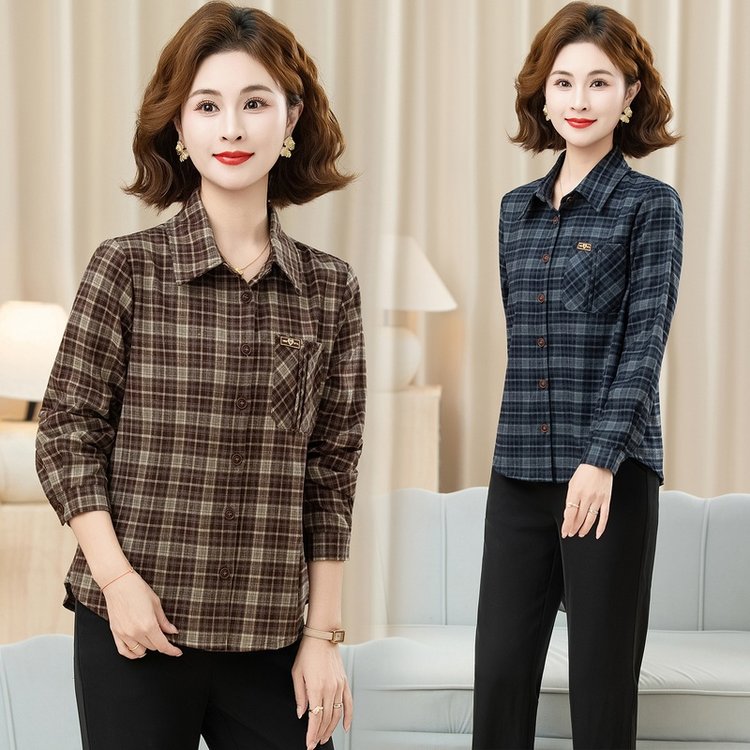 Plaid Shirt for Women — Navy/beige, Burgundy/beige, Chest Pocket - image 2