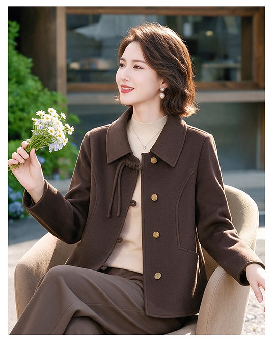 Wool Coat for Women — Brown, Notched Collar, Front Buttons - image 8