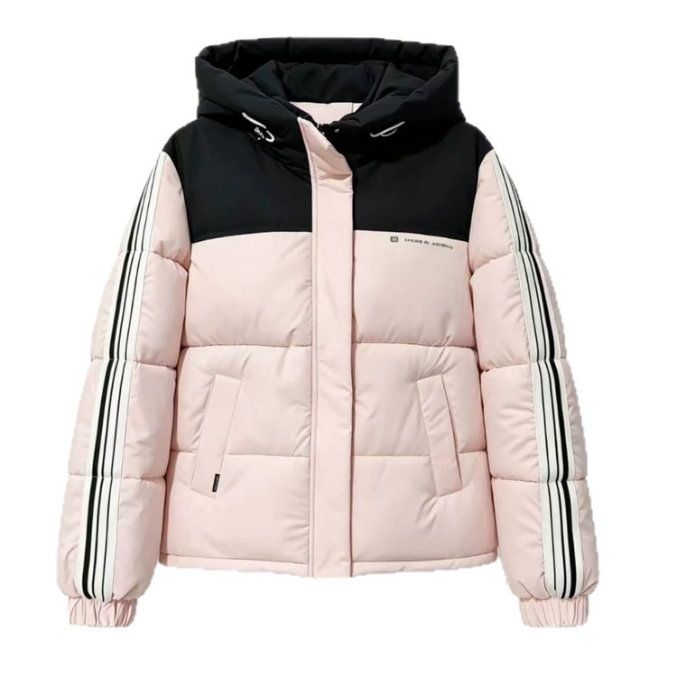 Women's Puffer Jacket — hooded, color-block, striped sleeves - image 1