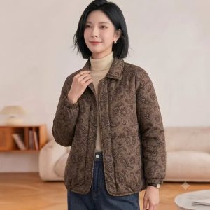 Paisley Print Puffer Jacket for Women — Brown, Quilted, Long Sleeves - image 1