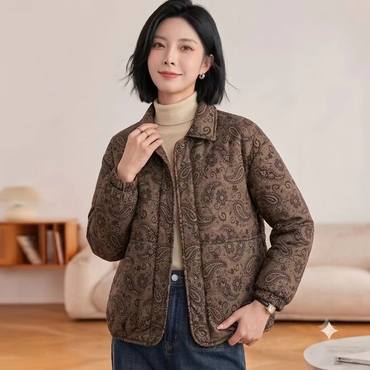 Paisley Print Puffer Jacket for Women — Brown, Quilted, Long Sleeves - image 2