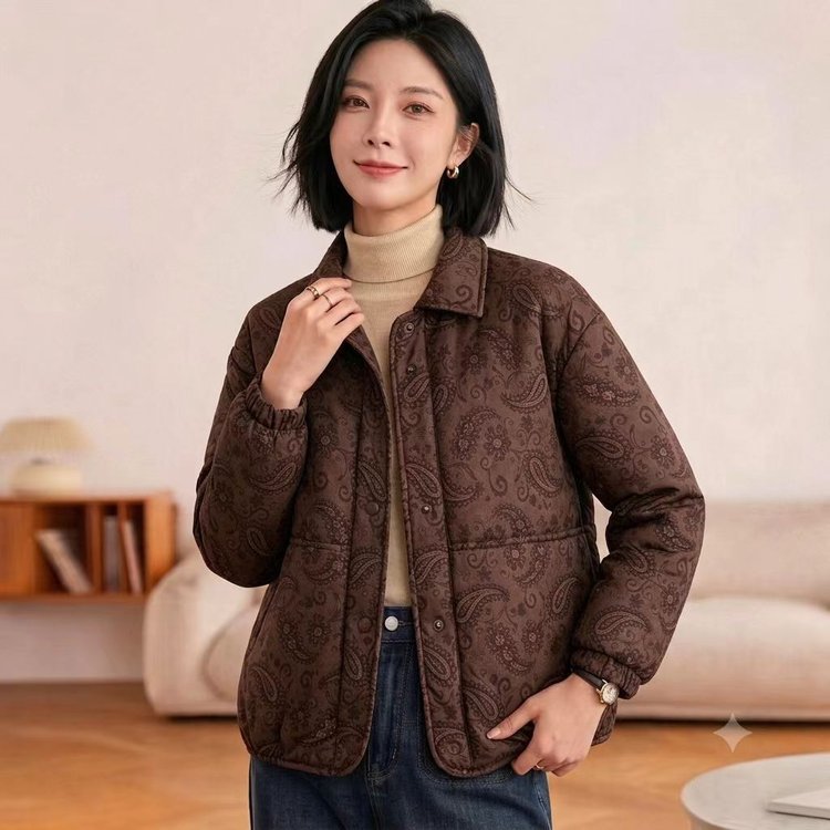 Paisley Print Puffer Jacket for Women — Brown, Quilted, Long Sleeves - image 4