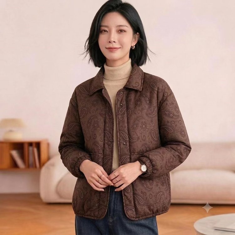 Paisley Print Puffer Jacket for Women — Brown, Quilted, Long Sleeves - image 6