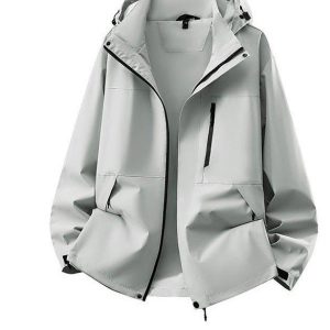 Hooded Windbreaker for Women — Light Gray, Front Zip, Large Pockets - image 1
