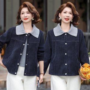 Denim Jacket for Women — Navy, Gray Collar, Button Front - image 1