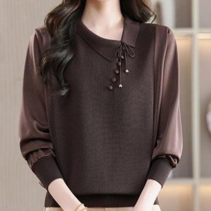 Knit Top for Women — Dark Brown, Layered Collar, Button Detail - image 1