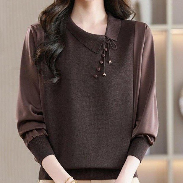 Knit Top for Women — Dark Brown, Layered Collar, Button Detail - image 1