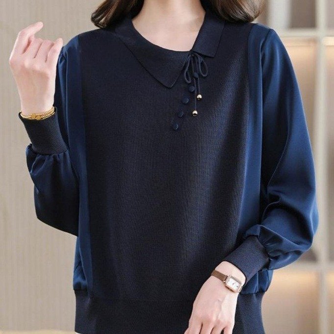 Knit Top for Women — Dark Brown, Layered Collar, Button Detail - image 2