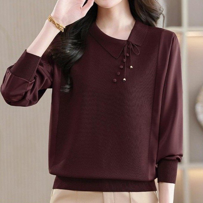 Knit Top for Women — Dark Brown, Layered Collar, Button Detail - image 3