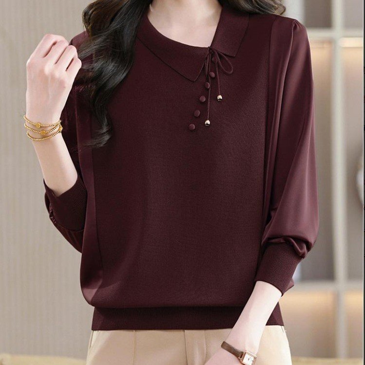 Knit Top for Women — Dark Brown, Layered Collar, Button Detail - image 4