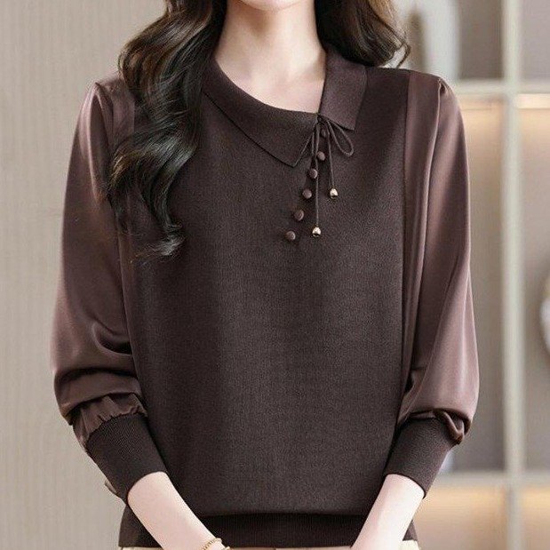Knit Top for Women — Dark Brown, Layered Collar, Button Detail - image 5