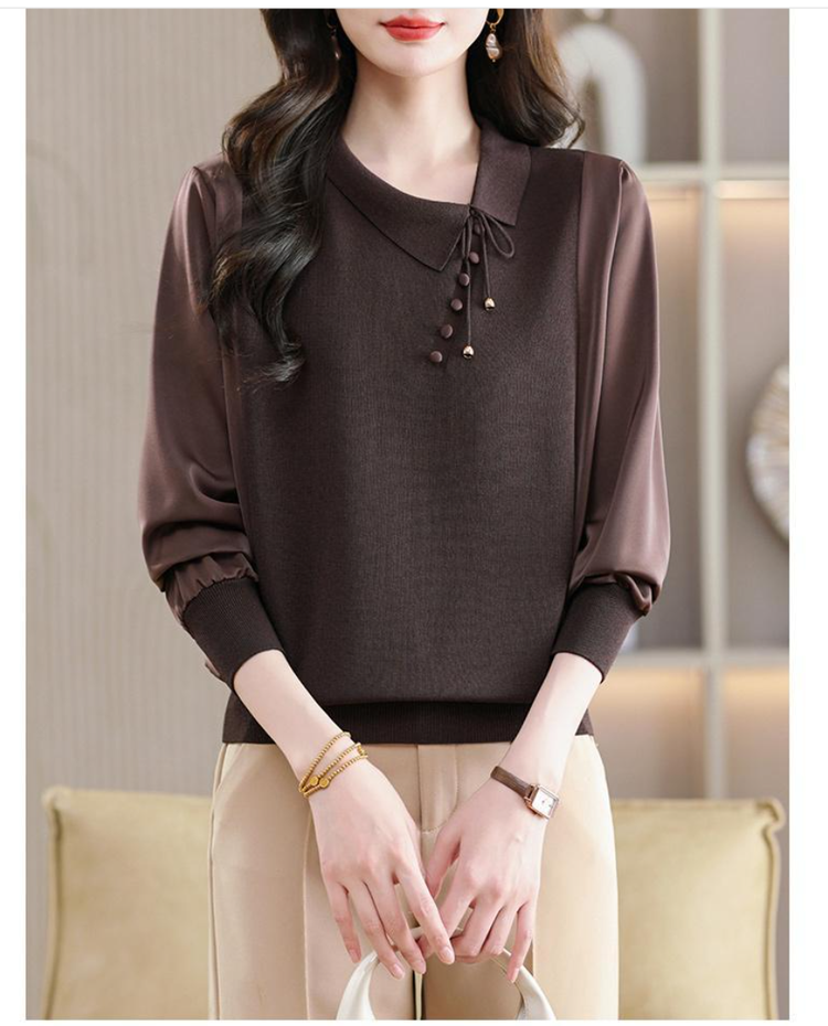Knit Top for Women — Dark Brown, Layered Collar, Button Detail - image 6